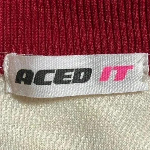 ACED IT Cropped Varsity Jacket M Cream Sporty Letterman Patches Academia NWT - Picture 8 of 10